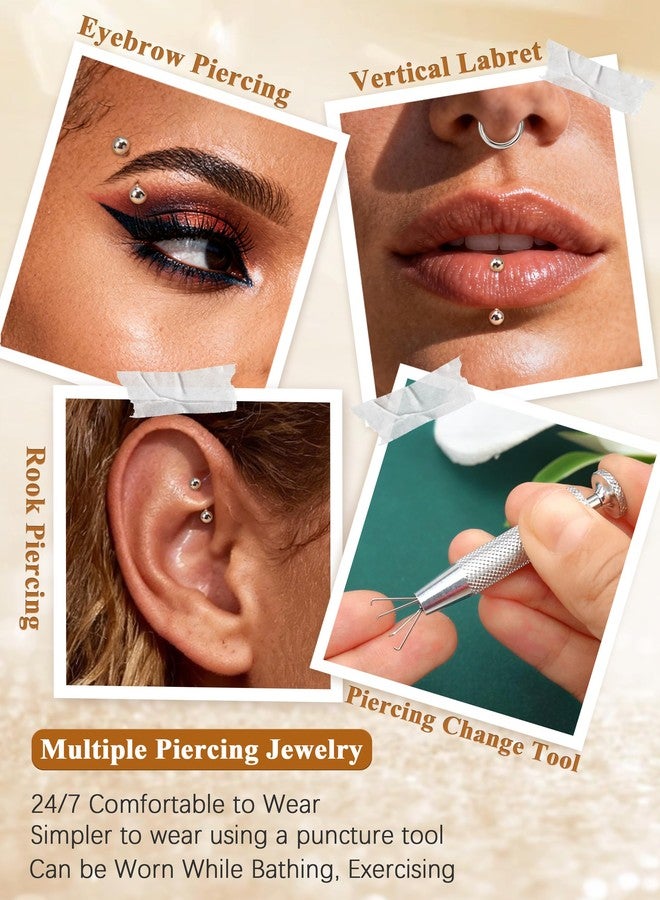 davka Eyebrow Piercing Jewelry Set with Tools, 16G Surgical Steel Curved Barbell Kit with CZ, Spike & Ball Replacement Ends, Internal Thread 6mm/8mm/10mm Rook Daith Lip Rings for Women Men - Image 3